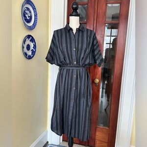 Zig Zag | 100% Cotton Striped Short Dolman Sleeve Midi Belted Shirt Dress, M/L